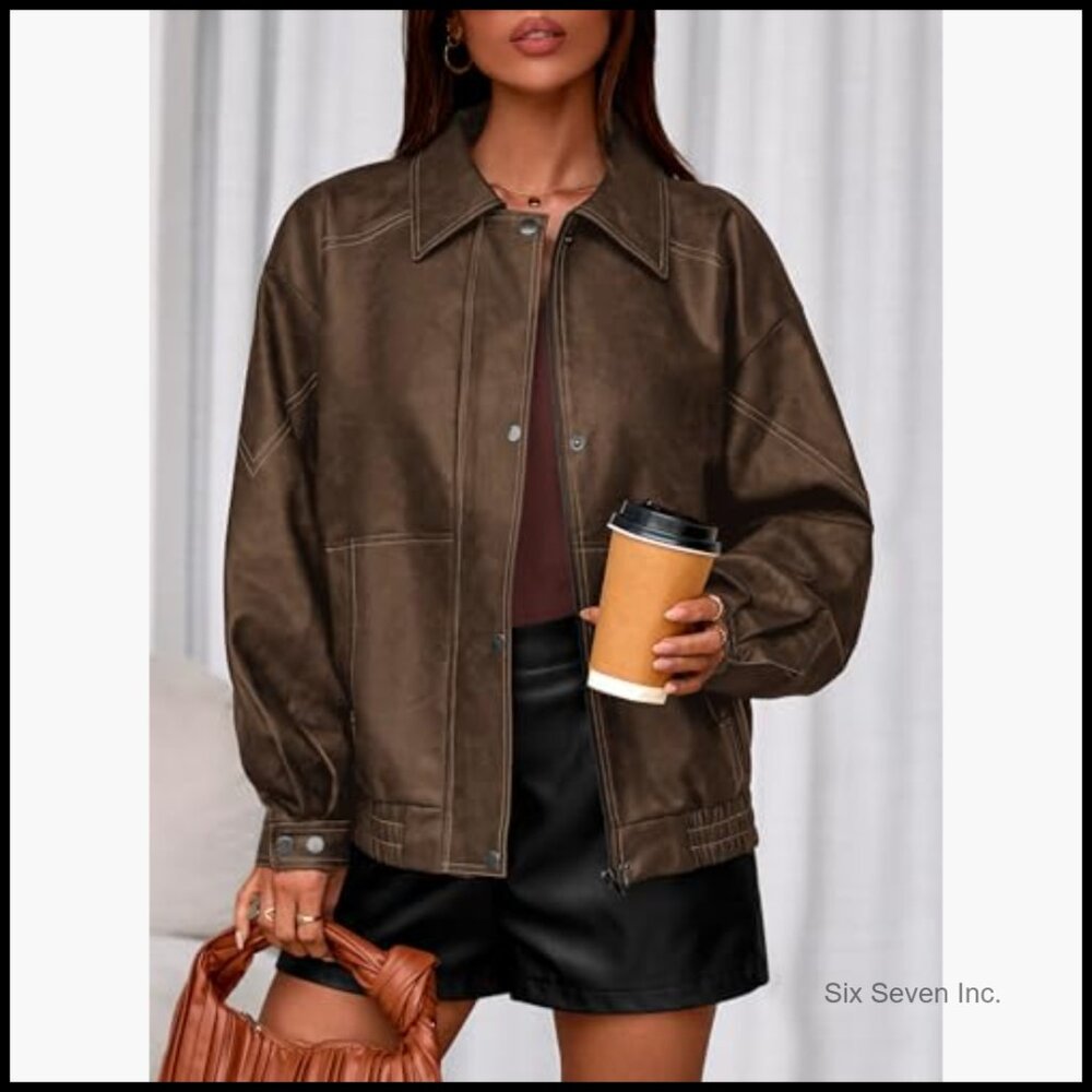 Faux Leather Bomber Jacket Women Oversized Moto Biker Zip Up - Picture 5 of 7